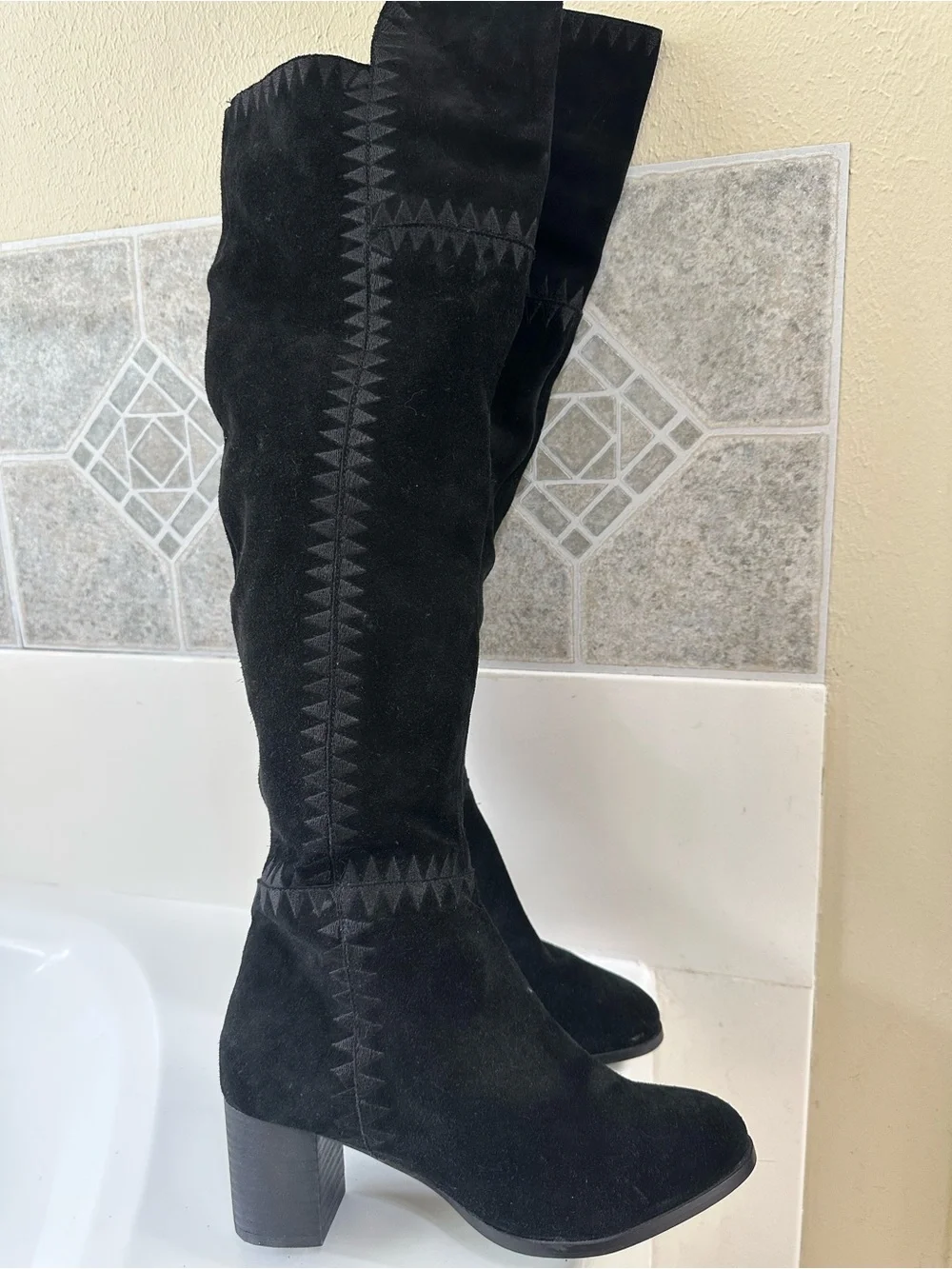 Matisse Black Suede Over-the-Knee Boots with Geometric Stitching